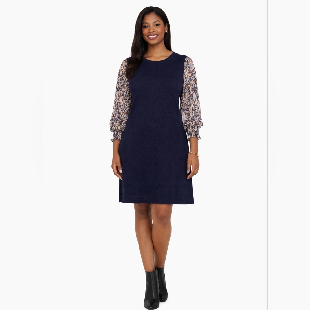 NWT MSK Navy Printed Sleeve Shift Dress XL | Smocked Cuffs